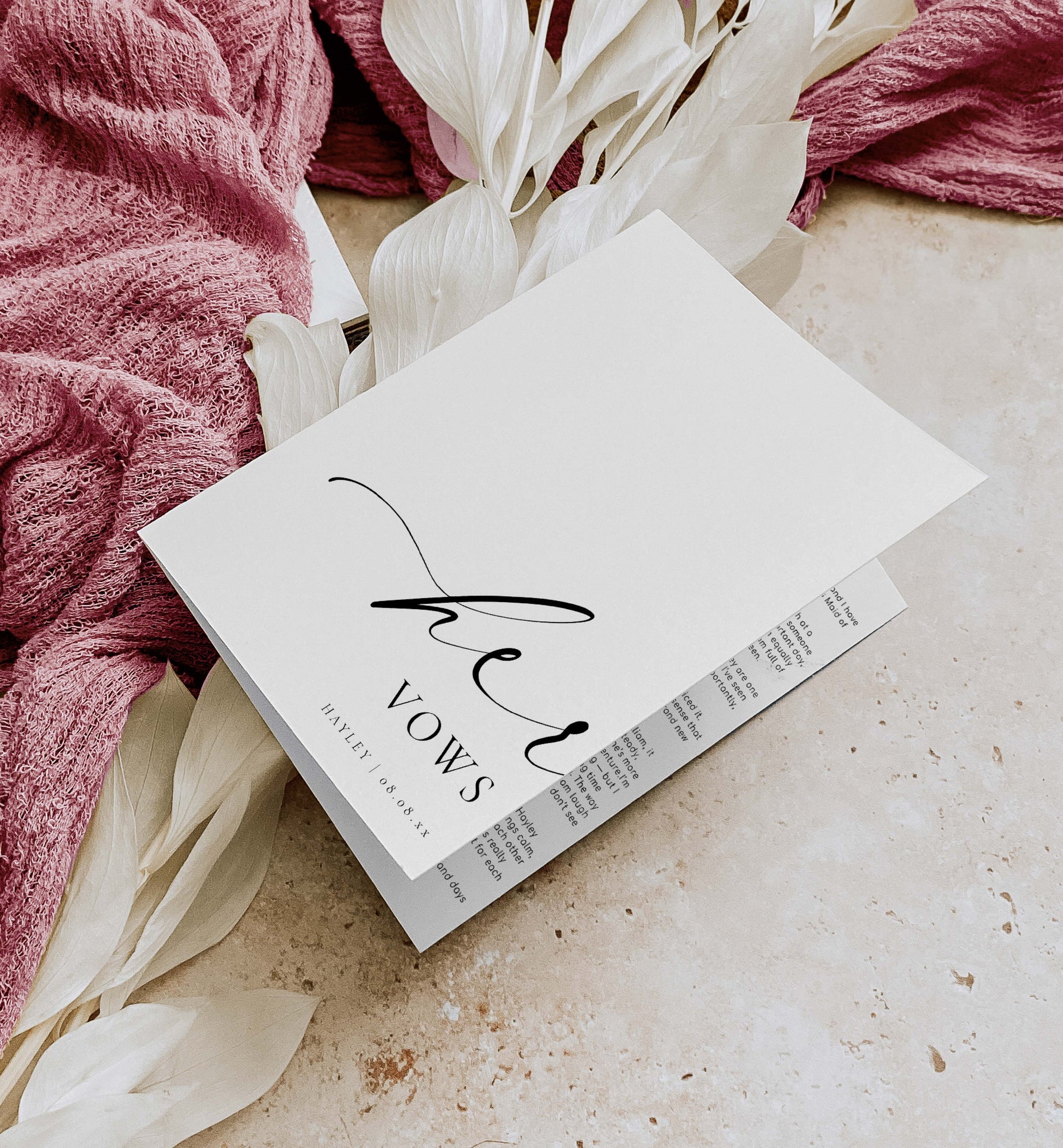 Card with 'The Vows' text on a textured surface with pink fabric and white flowers. Printable His And Her Vow Books, Bride and Groom Wedding Day Card Template, Minimalist Wedding Vows Card, Wedding Ceremony Card Ellesmere