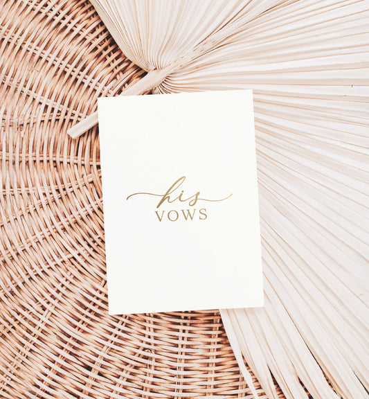Card with 'his vows' text on a woven surface. His And Her Vow Books, Off White Gold Foil, Bride and Groom Wedding Day Card, Minimalist Wedding Vows Card, Wedding Ceremony Card, Ellesmere
