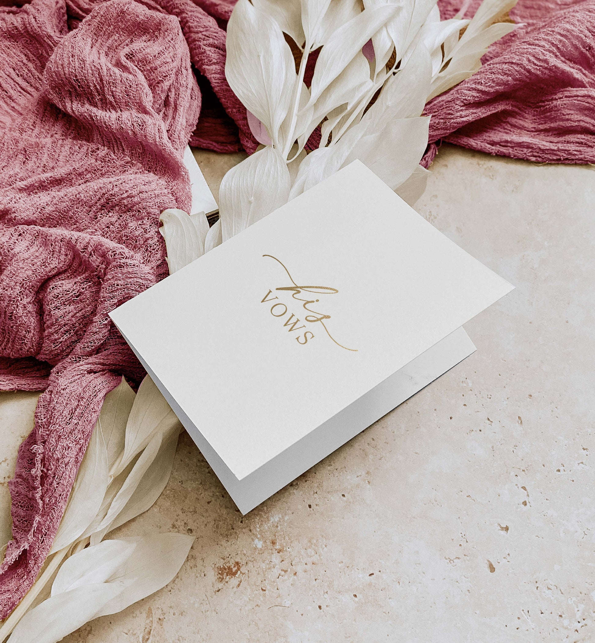 White card with 'Thanks' in gold on a textured surface with pink fabric and white flowers. His And Her Vow Books, Off White Gold Foil, Bride and Groom Wedding Day Card, Minimalist Wedding Vows Card, Wedding Ceremony Card, Ellesmere