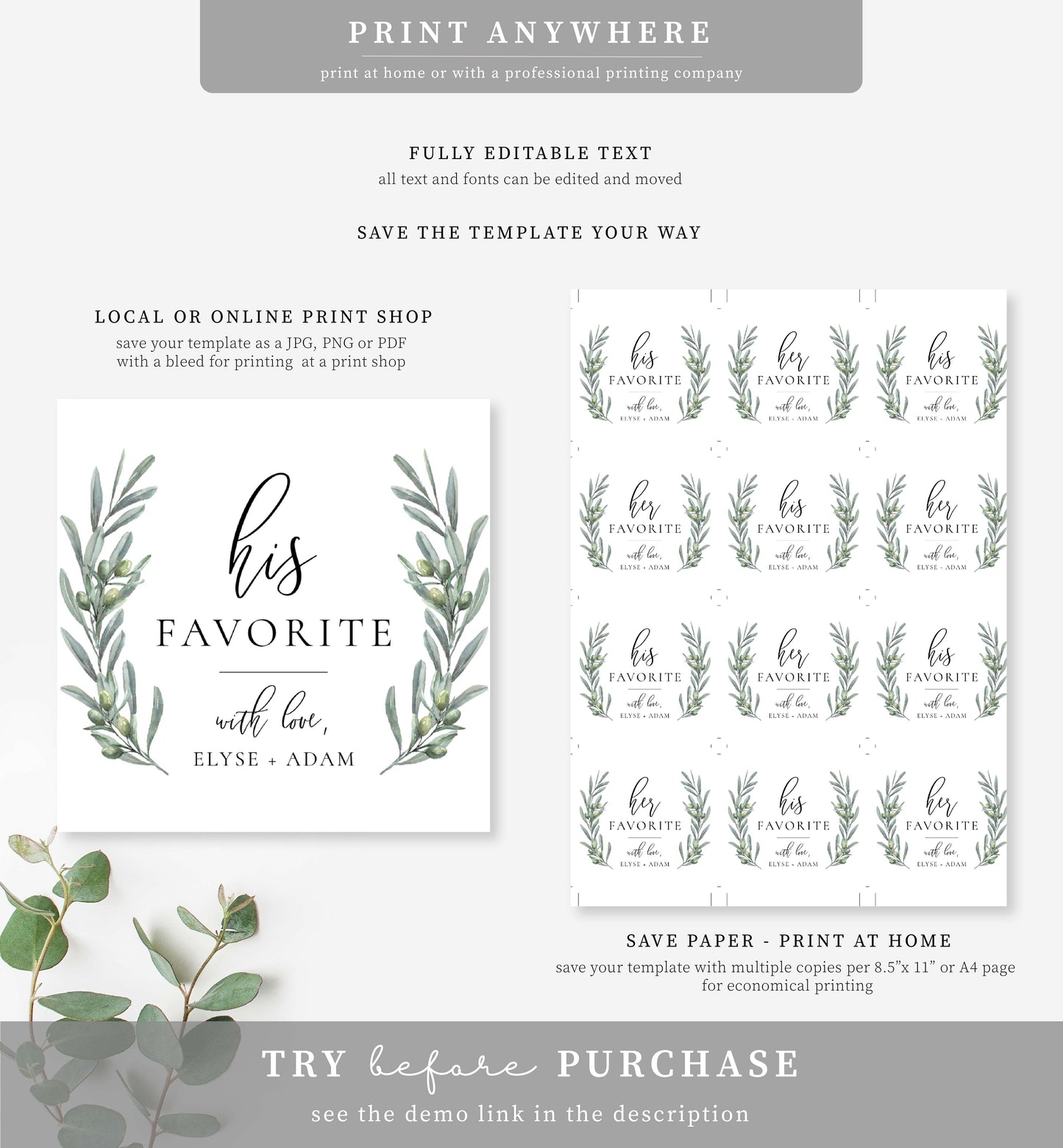 Olive Grove | Printable His & Her Favourite Favour Tag Template