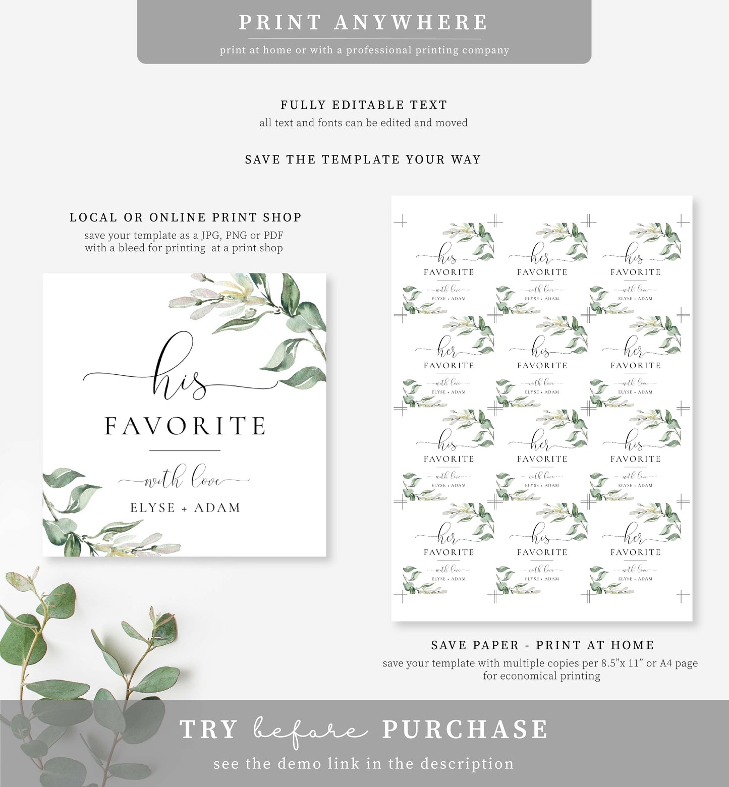 Muted Greenery White | Printable His & Her Favourite Favour Tag Template