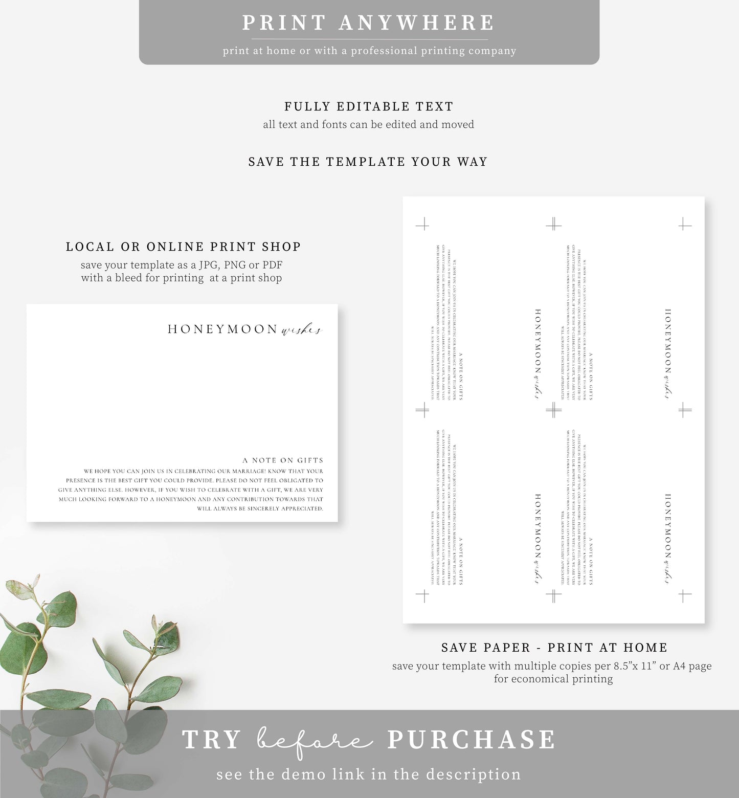 Ellesmere White | Printable Honeymoon Wishes Card Template