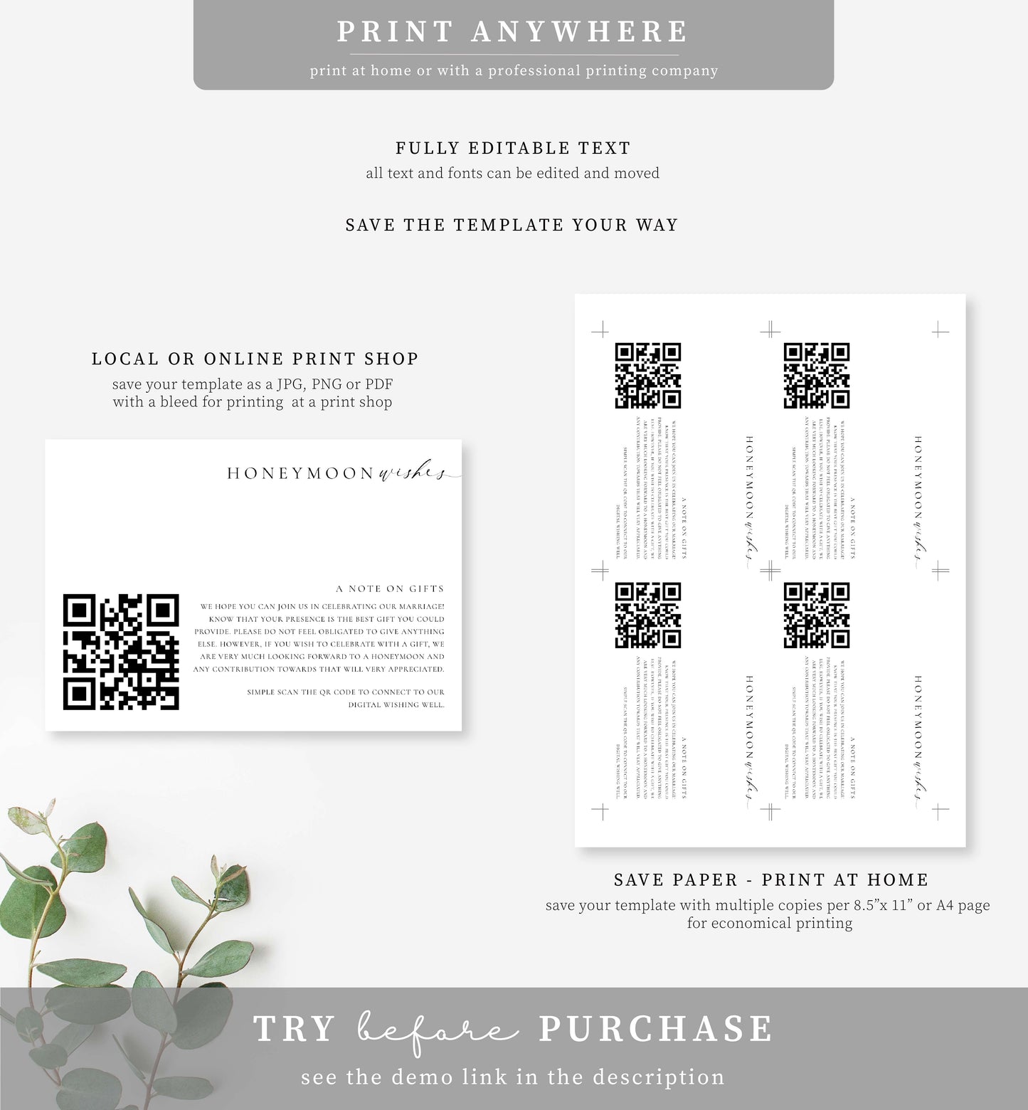 Ellesmere White | Printable QR Code Honeymoon Fund Card Template