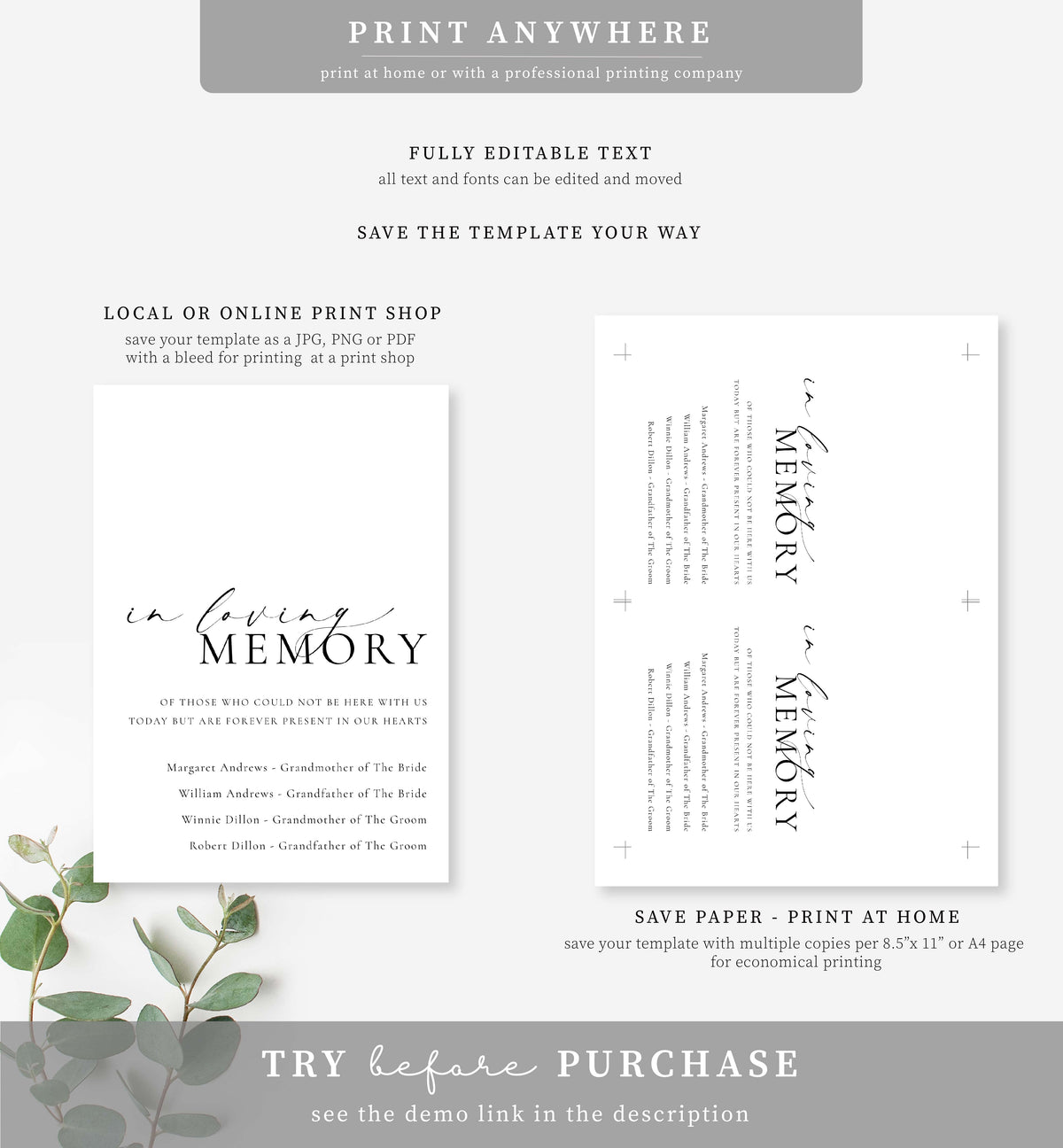 Ellesmere White | Printable Loving Memory Sign Template – Black Bow Studio
