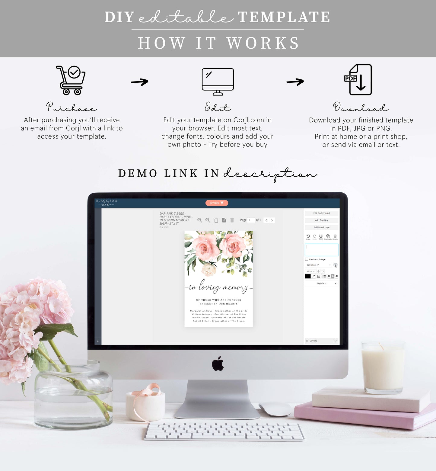 Darcy Floral Pink | Printable In Loving Memory Sign Template