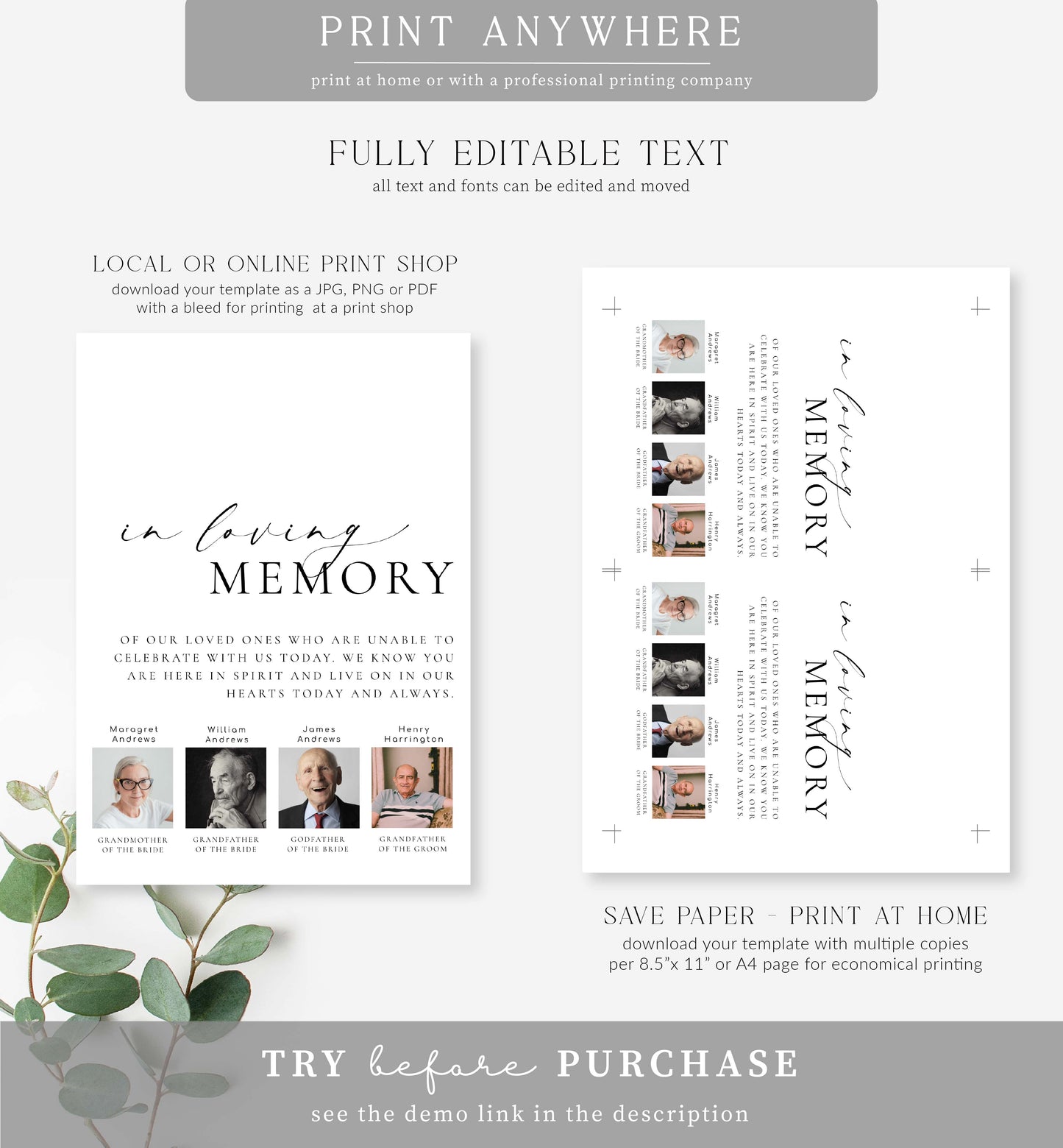 Ellesmere White | Printable In Loving Memory Sign Template