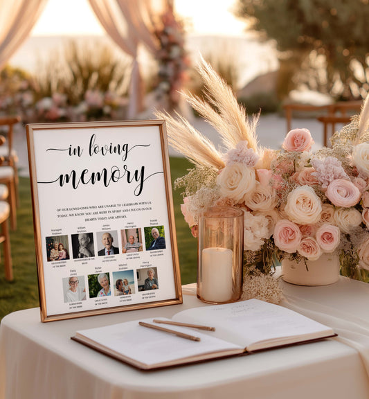Memorial table setup with 'in loving memory' sign, flowers, and candles outdoors. Printable Custom Photo In Loving Memory Sign, Modern Minimal Wedding Memorial Sign Template, Editable Photo Remembrance Sign, Leyton Script