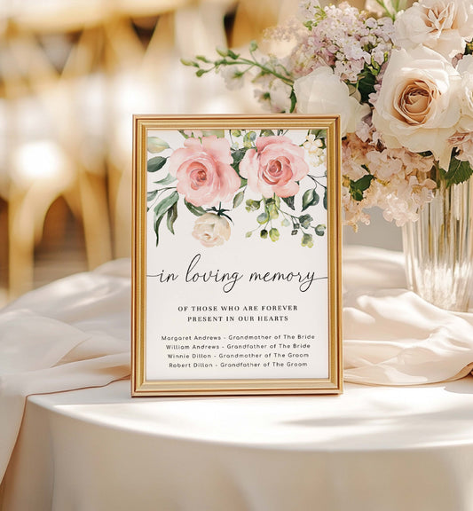 Floral framed memorial sign on a table with flowers in the background. In Loving Memory Candle Sign, This Candle Burns For Sign, Memorial Candle Sign, Printable Remembrance Sign, Memorial Table, Darcy Floral