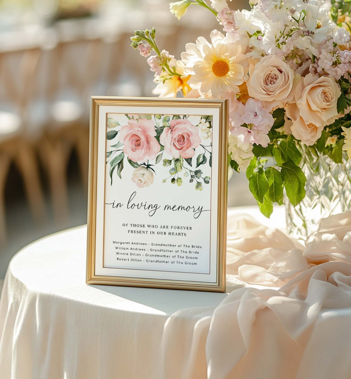 Framed 'In Loving Memory' sign with floral design on a table with flowers. In Loving Memory Candle Sign, This Candle Burns For Sign, Memorial Candle Sign, Printable Remembrance Sign, Memorial Table, Darcy Floral