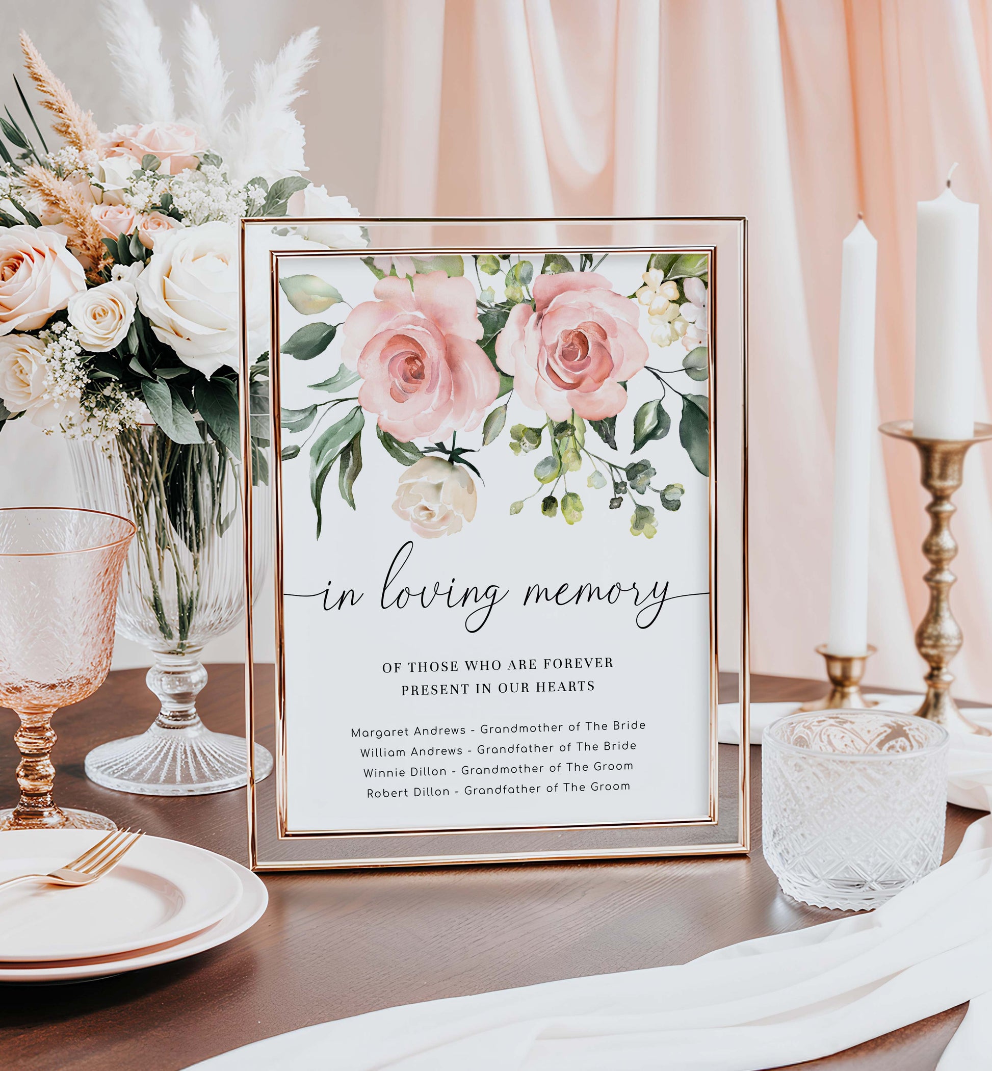 Framed 'In Loving Memory' sign on a decorated table with flowers and candles. In Loving Memory Candle Sign, This Candle Burns For Sign, Memorial Candle Sign, Printable Remembrance Sign, Memorial Table, Darcy Floral