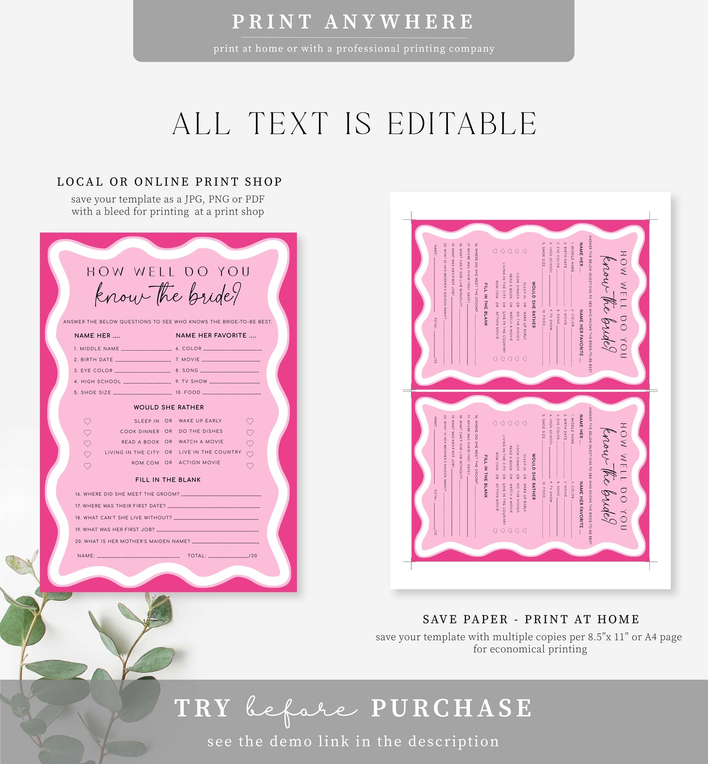 Wave Hot Pink | Printable Bridal Shower Trivia Game Template