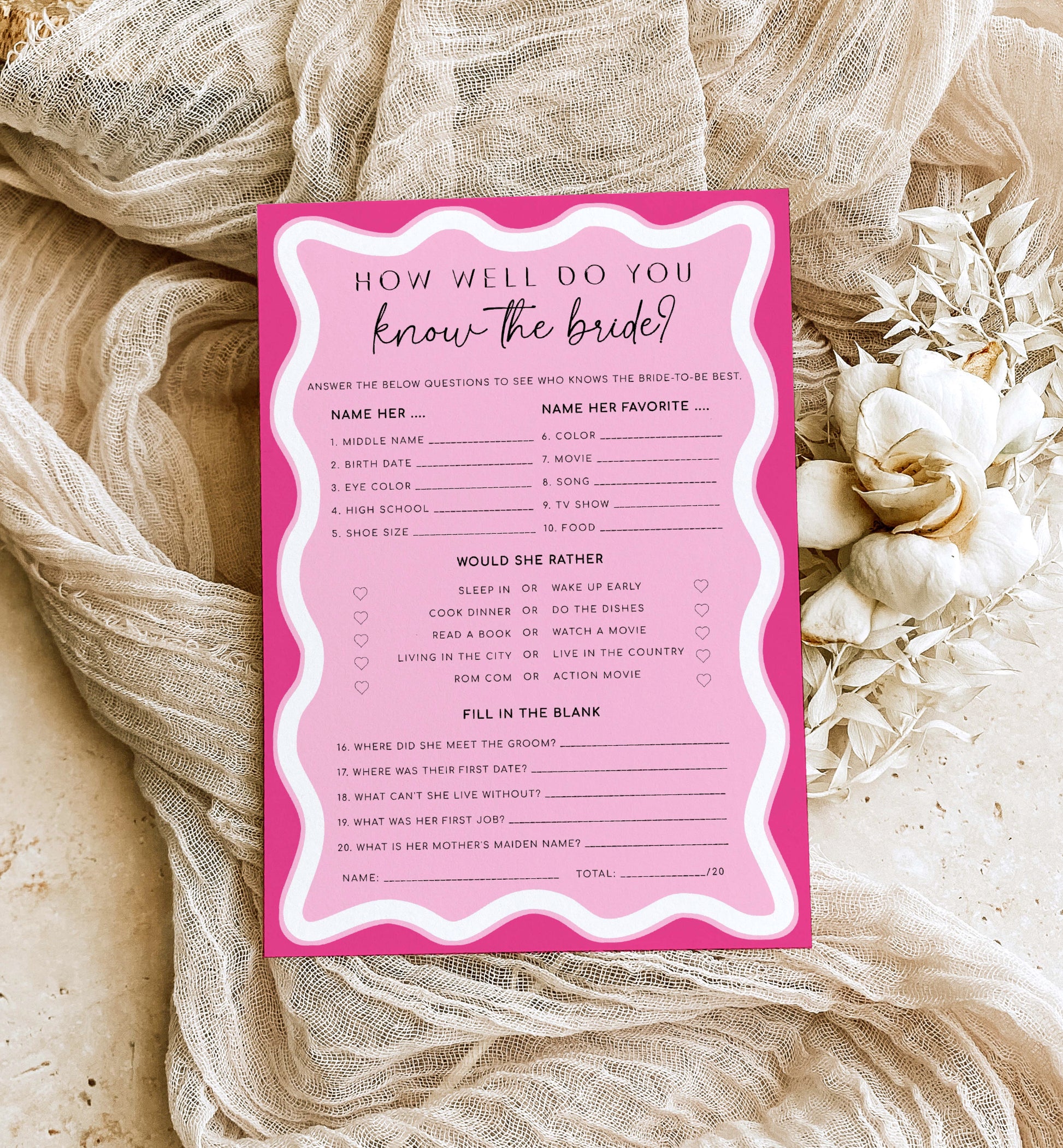 How Well Do You Know The Bride Game, Printable Bridal Shower Trivia Game, Modern Curvy Line Wedding Shower Bridal Quiz Game, Hot Pink Wave