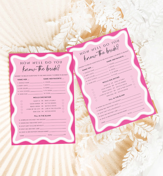 How Well Do You Know The Bride Game, Printable Bridal Shower Trivia Game, Modern Curvy Line Wedding Shower Bridal Quiz Game, Hot Pink Wave
