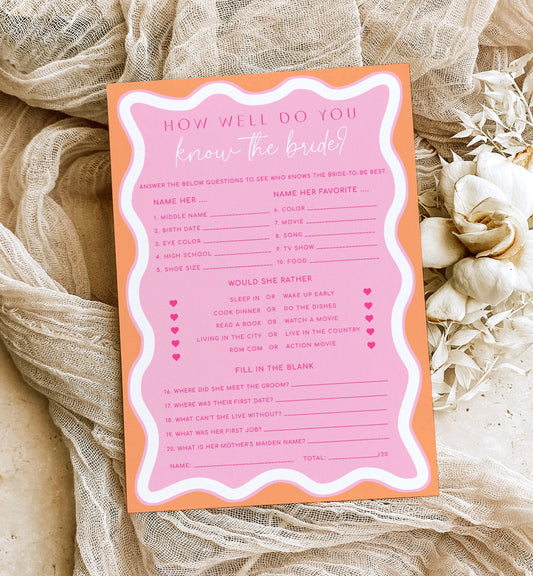 How Well Do You Know The Bride Game, Printable Bridal Shower Trivia Game, Modern Curvy Line Wedding Shower Bridal Quiz Game Pink Orange Wave