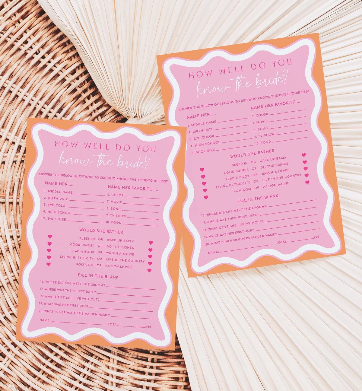 Wave Pink Orange | Printable Bridal Shower Trivia Game Template – Black ...