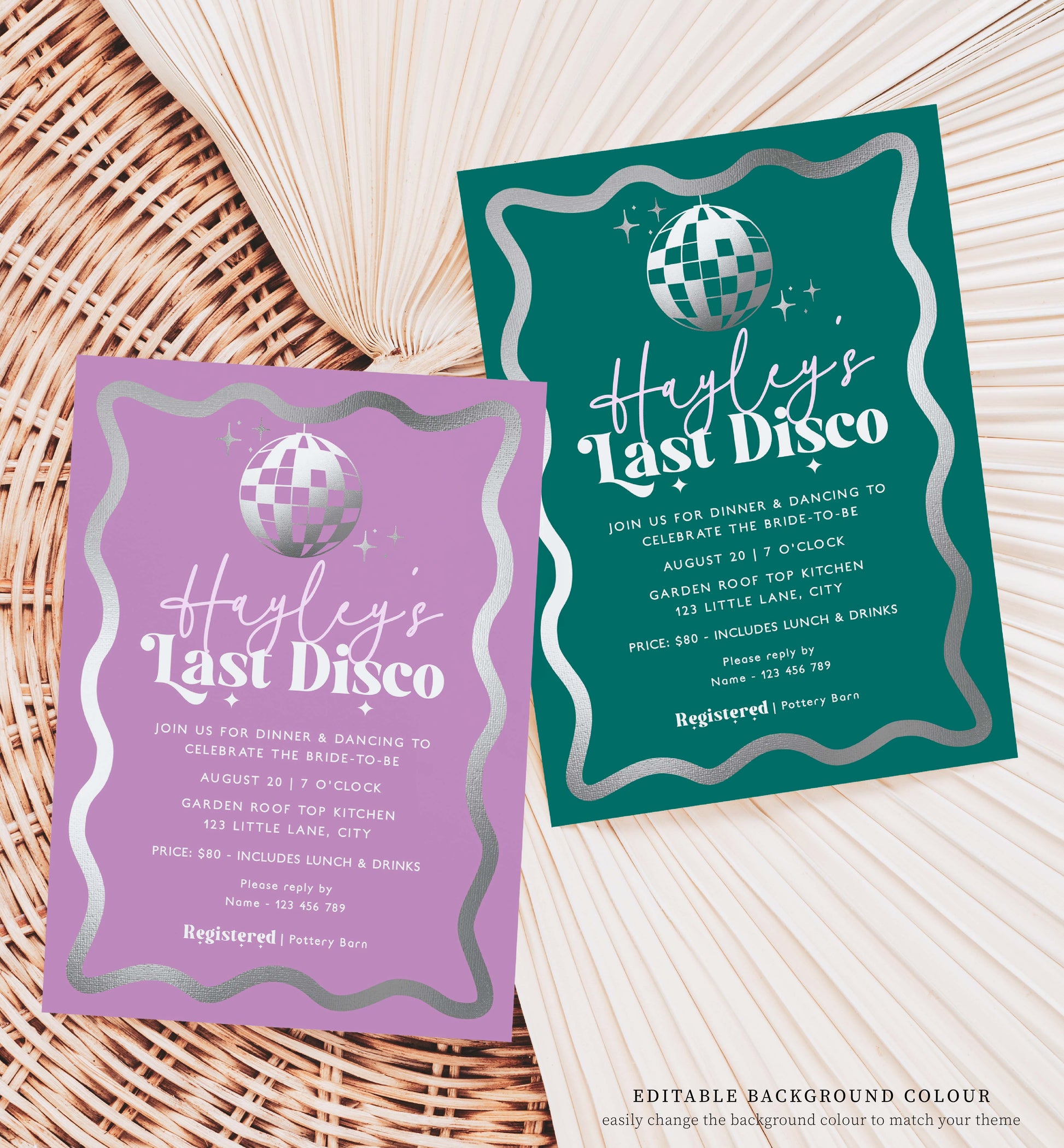 Printable Last Disco Retro Bachelorette Party Invitation Template, Hot Pink Silver, Bridal Shower Evite Template, Modern Wave Curvy Line