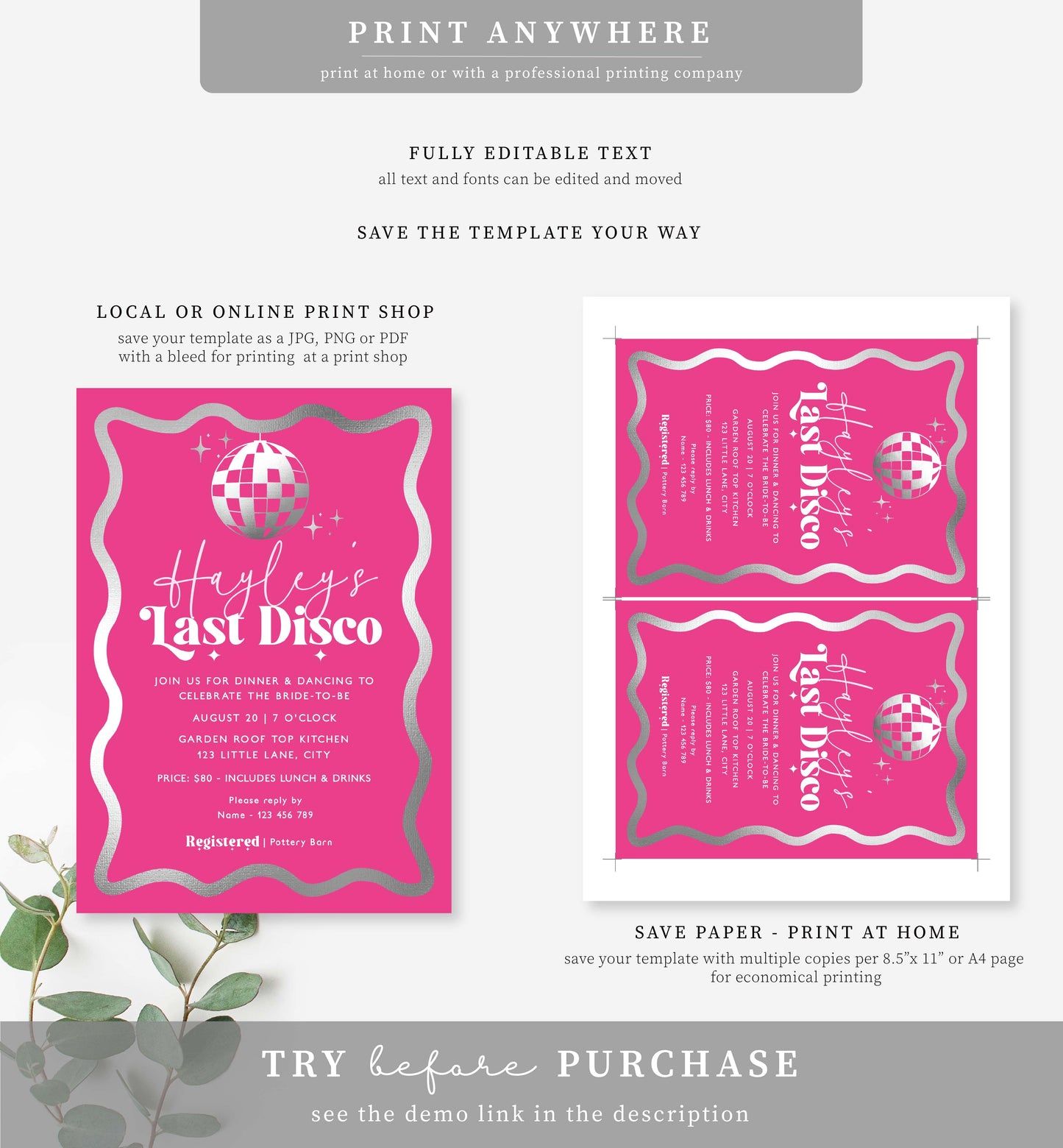 Wave Hot Pink Silver | Printable Last Disco Bachelorette Invitation Template