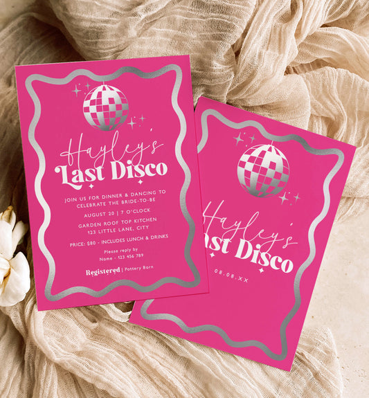 Printable Last Disco Retro Bachelorette Party Invitation Template, Hot Pink Silver, Bridal Shower Evite Template, Modern Wave Curvy Line