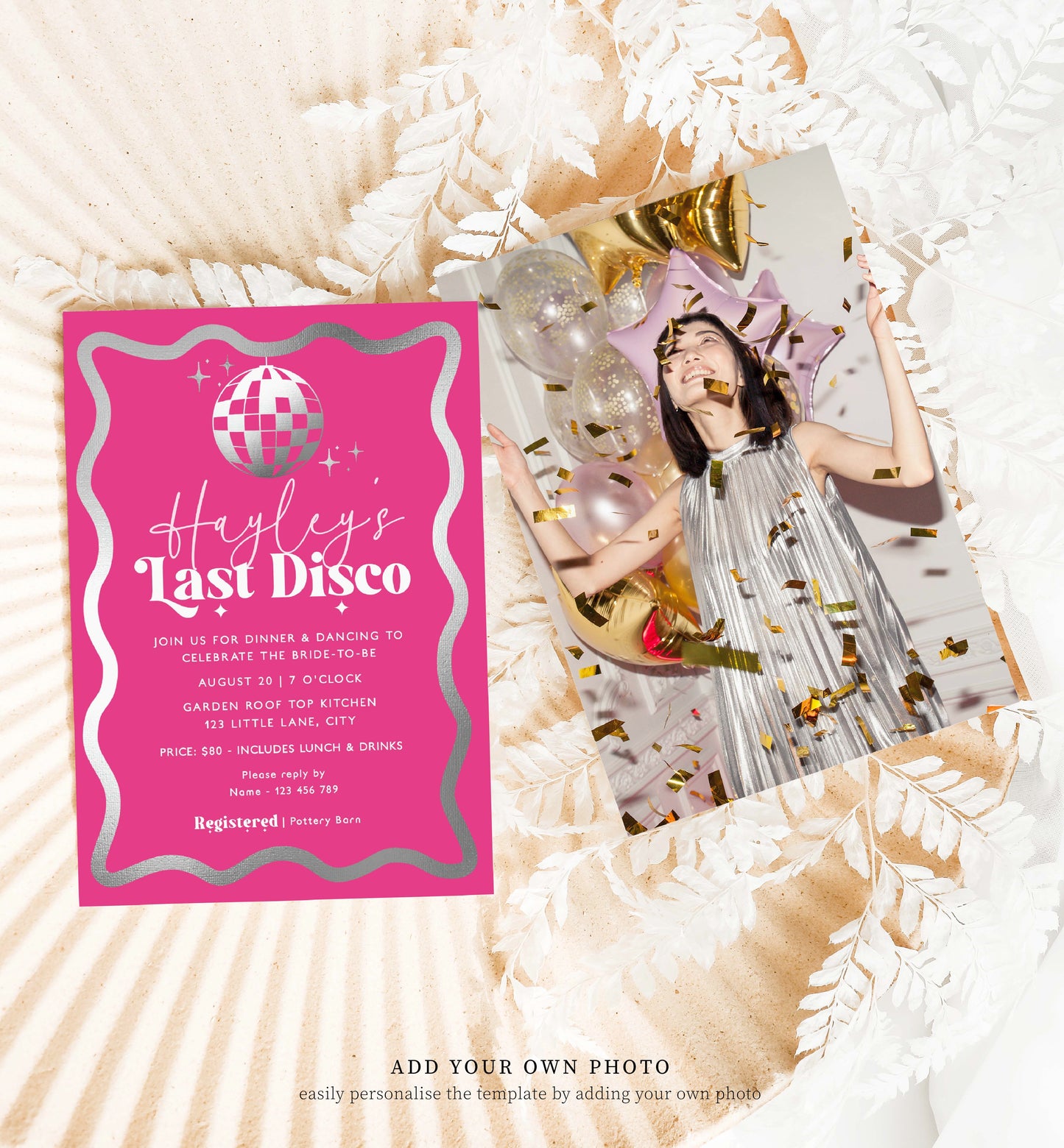 Printable Last Disco Retro Bachelorette Party Invitation Template, Hot Pink Silver, Bridal Shower Evite Template, Modern Wave Curvy Line