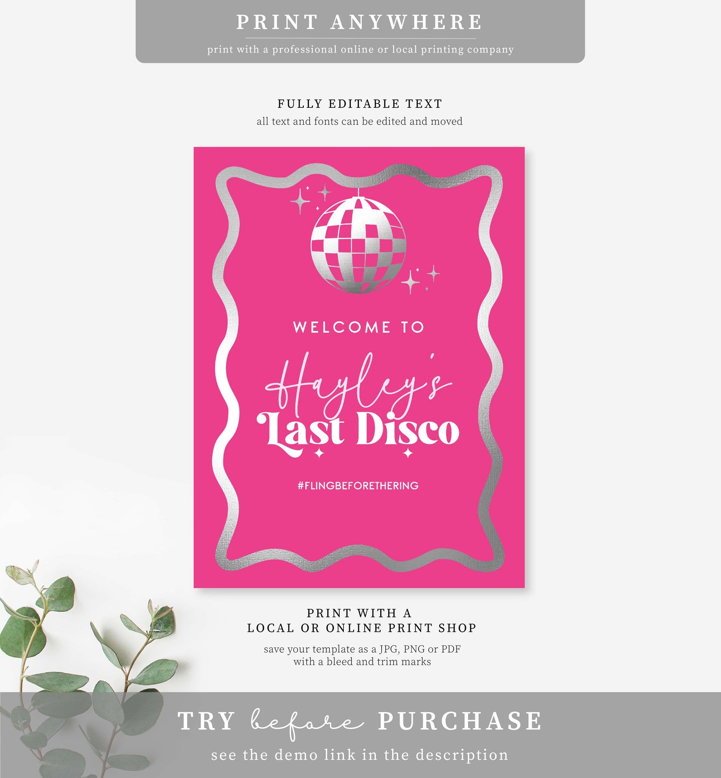 Wave Hot Pink Silver | Printable Last Disco Welcome Sign Template