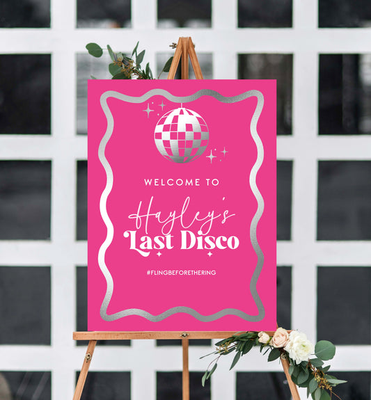 Printable Last Disco Welcome Sign Template, Wave Curvy Line, Hot Pink Silver, Bachelorette Party Welcome Sign, Hot Pink Bridal Shower Sign