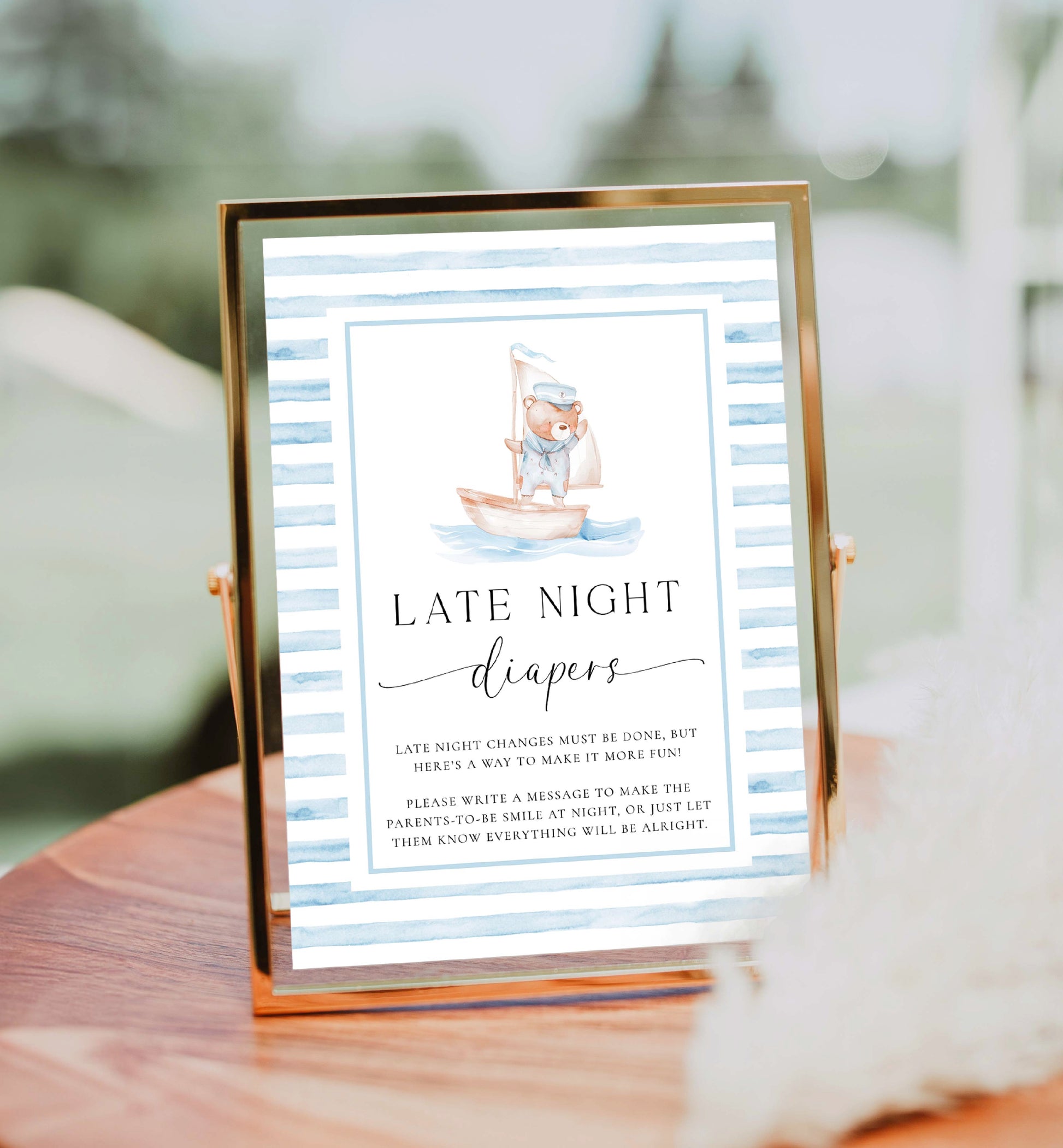 Printable Late Night Diapers Sign, Sailor Teddy Bear, Blue Stripe Boy Baby Shower, Diaper Message game, Nautical Coastal Baby Shower Game