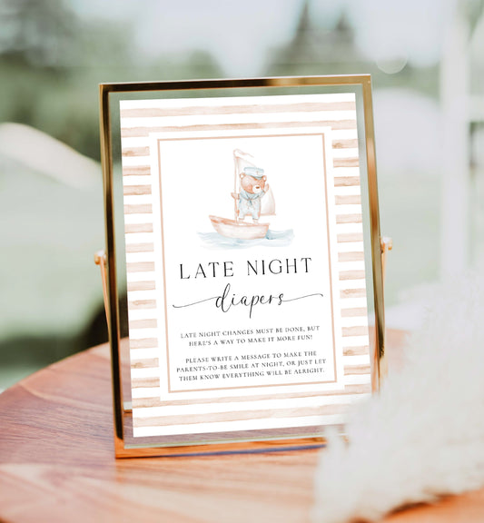 Printable Late Night Diapers Sign, Sailor Teddy Bear, Tan Stripe Boy Baby Shower, Diaper Message Game, Nautical Coastal Baby Shower Game