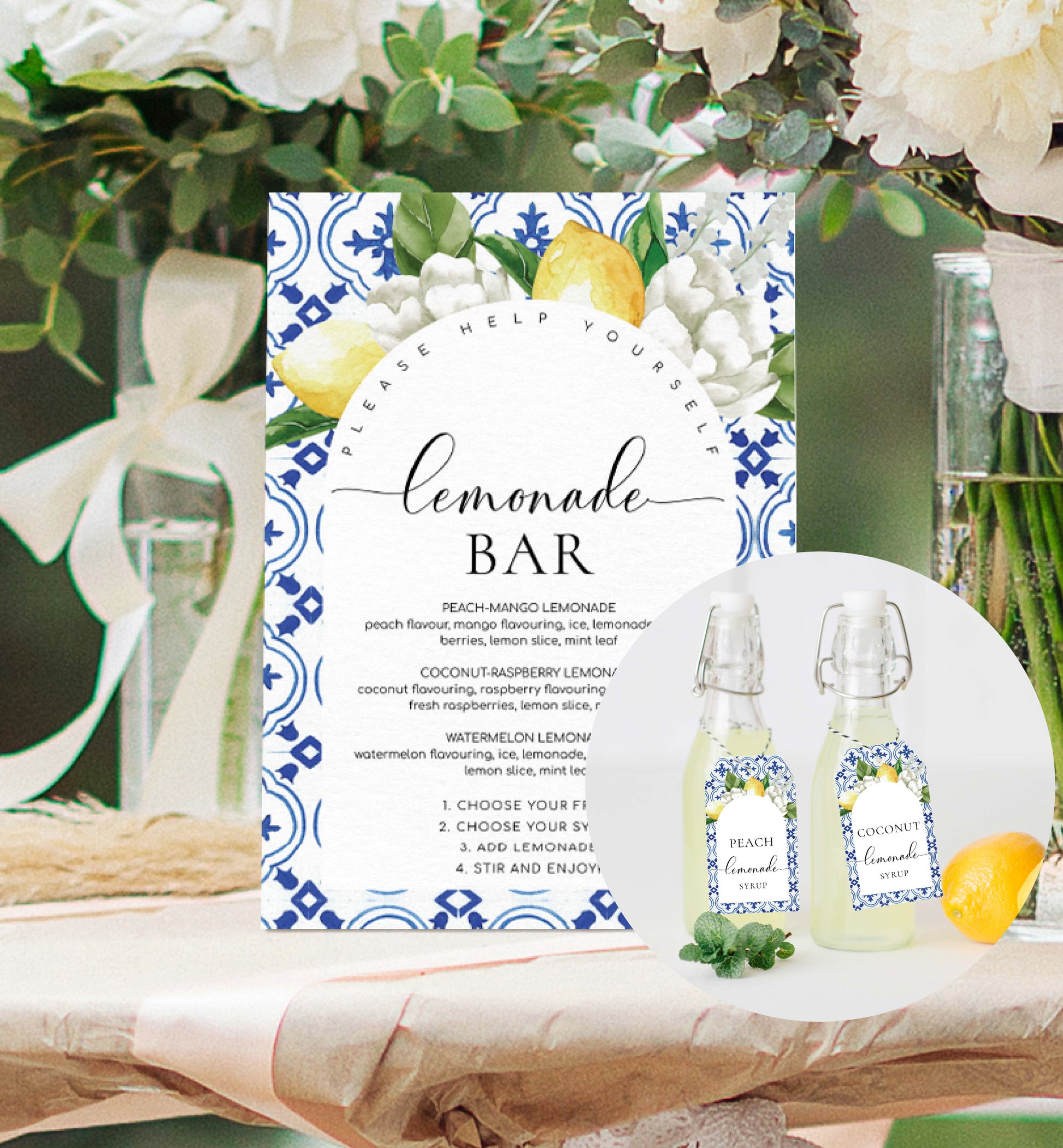 Printable Lemonade Bar Sign, Mediterranean Blue Tile Lemons, Editable Drinks Menu Sign, Mocktails Menu Sign, Signature Drinks Sign, The Med