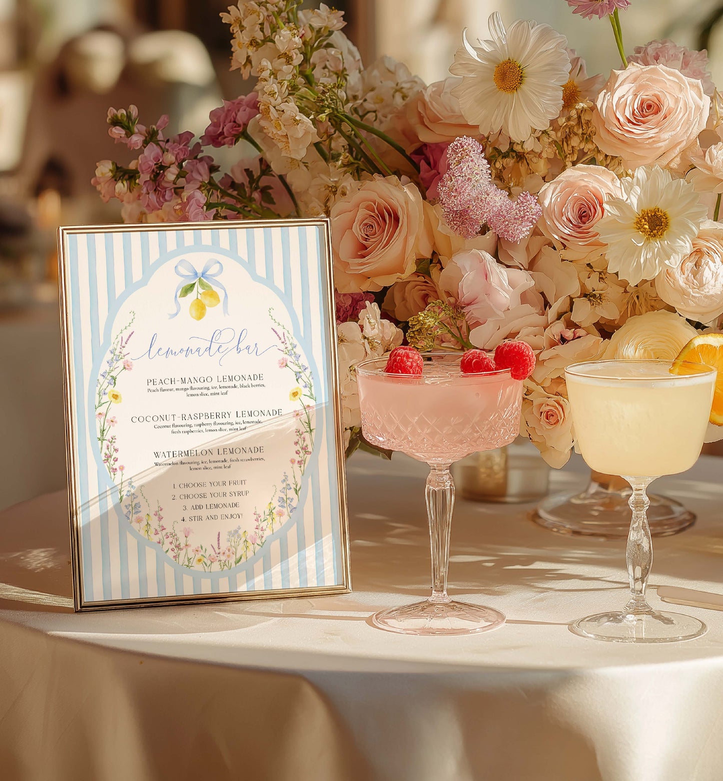 Printable Lemonade Bar Sign, Blue Bow Ribbon, Bridal Shower Cocktail Menu, Wedding Bar Sign, Italian Lemons, Baby Shower Mocktail, Posey