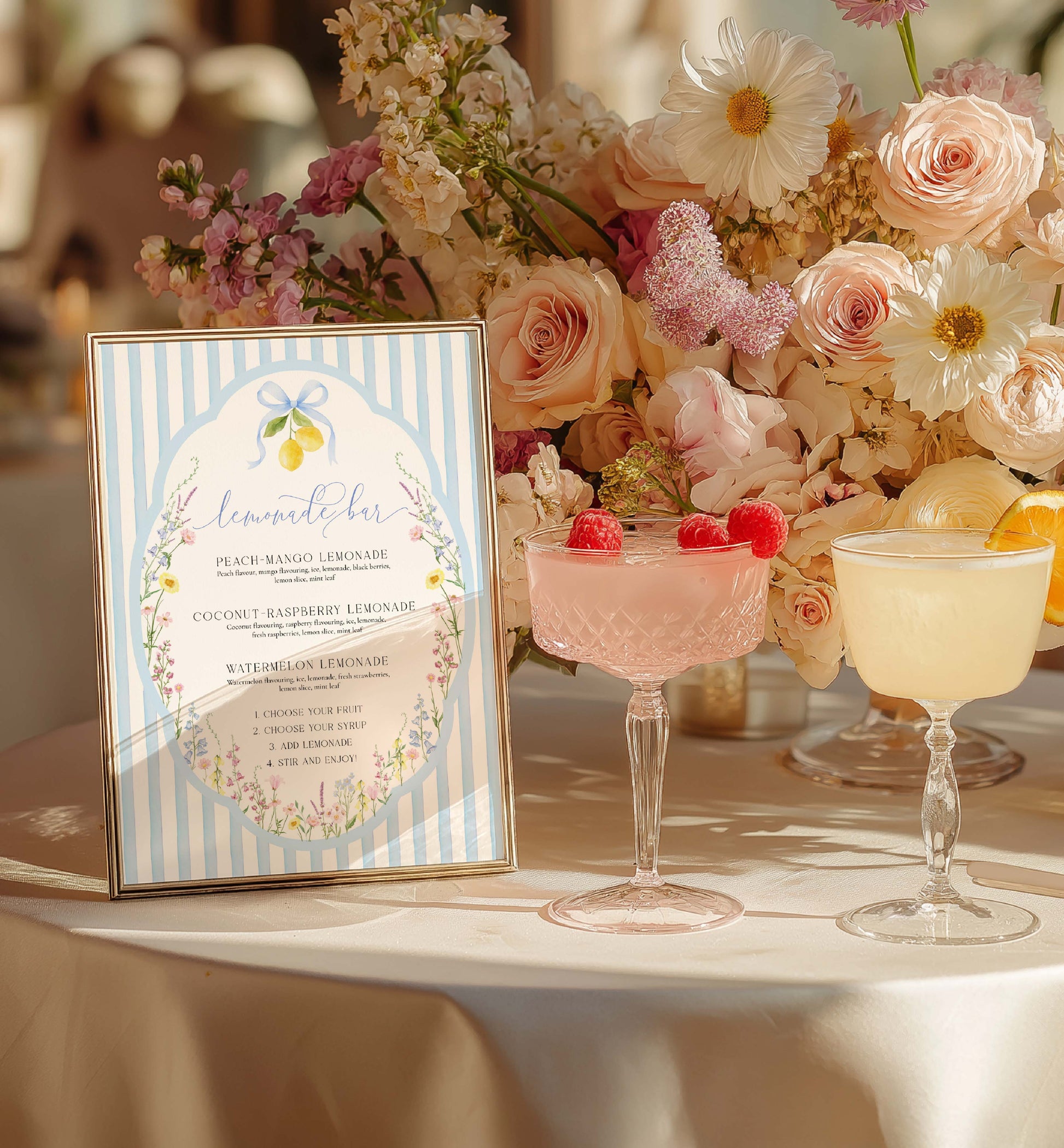 Printable Lemonade Bar Sign, Blue Bow Ribbon, Bridal Shower Cocktail Menu, Wedding Bar Sign, Italian Lemons, Baby Shower Mocktail, Posey