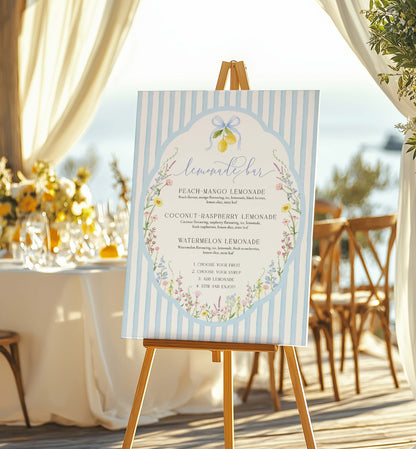 Menu board with lemonade stand design on an outdoor setting with tables and chairs. Printable Lemonade Bar Sign, Blue Bow Ribbon, Bridal Shower Cocktail Menu, Wedding Bar Sign, Italian Lemons, Baby Shower Mocktail, Posey
