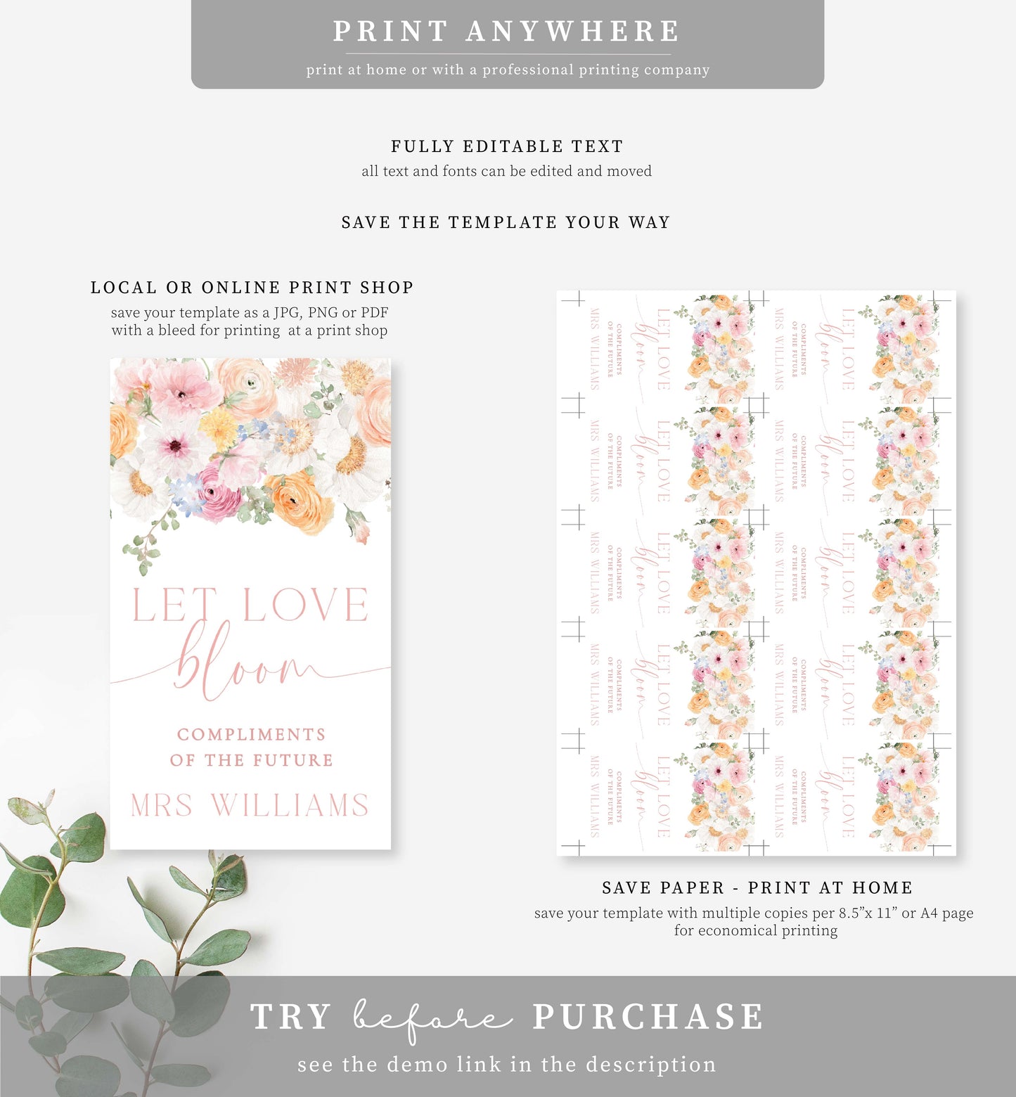 Millie Floral White | Printable Let Love Bloom Favour Tags Template