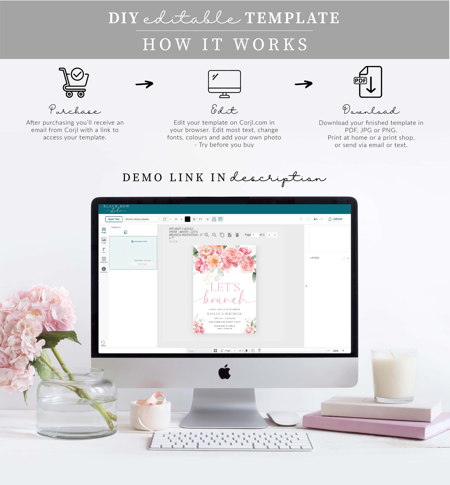 Piper Floral White | Printable Let's Brunch Invitation Template