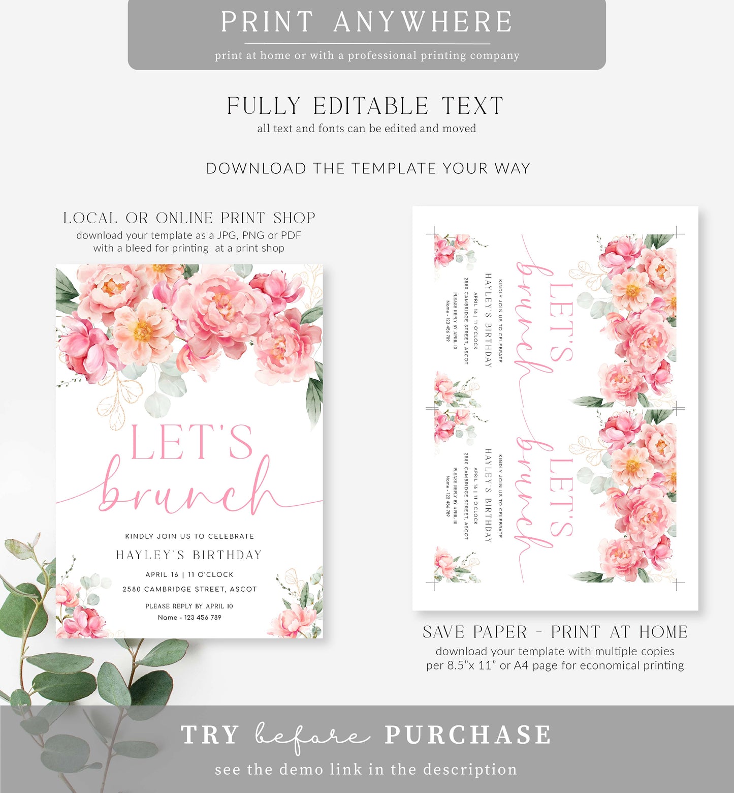 Piper Floral White | Printable Let's Brunch Invitation Template