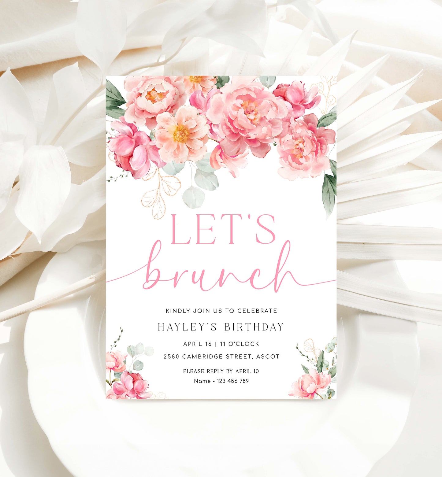 Let's Brunch Invite, Pink Peony Floral Birthday Brunch Party Invite, Printable Girls Birthday Party Invite, Ladies Lunch Invite, Piper