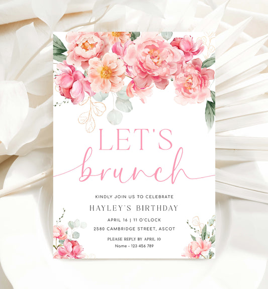 Let's Brunch Invite, Pink Peony Floral Birthday Brunch Party Invite, Printable Girls Birthday Party Invite, Ladies Lunch Invite, Piper