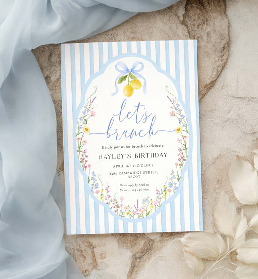 Invitation card with floral design and text on a striped background. Let's Brunch Printable Invite, Wildflower Birthday Brunch Party Invite, Floral Girls Birthday Party Invite, Ladies Lunch Invite, Posey