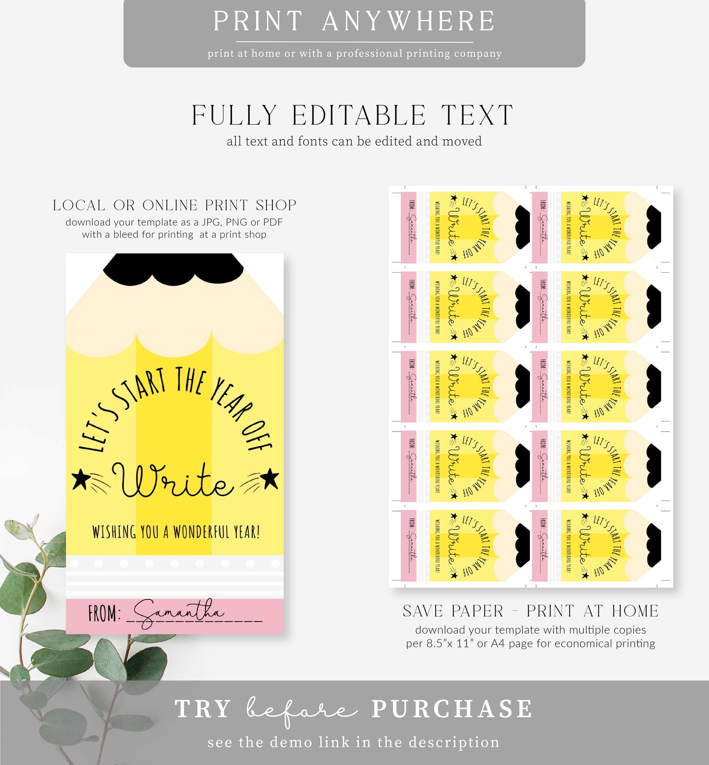 Pencil | Printable Let's Start The Year Write Favour Tag Template