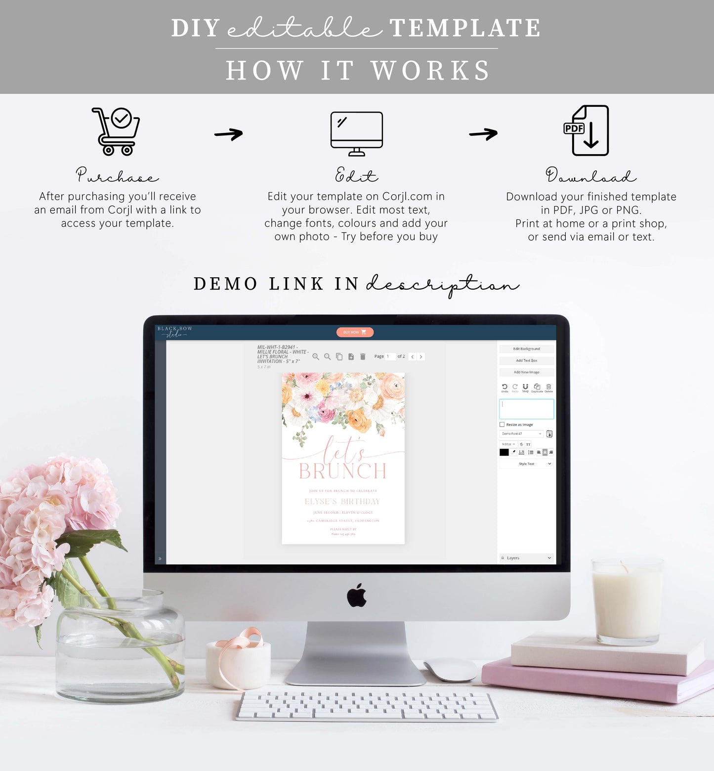 Millie Floral White | Printable Let's Brunch Invitation Template
