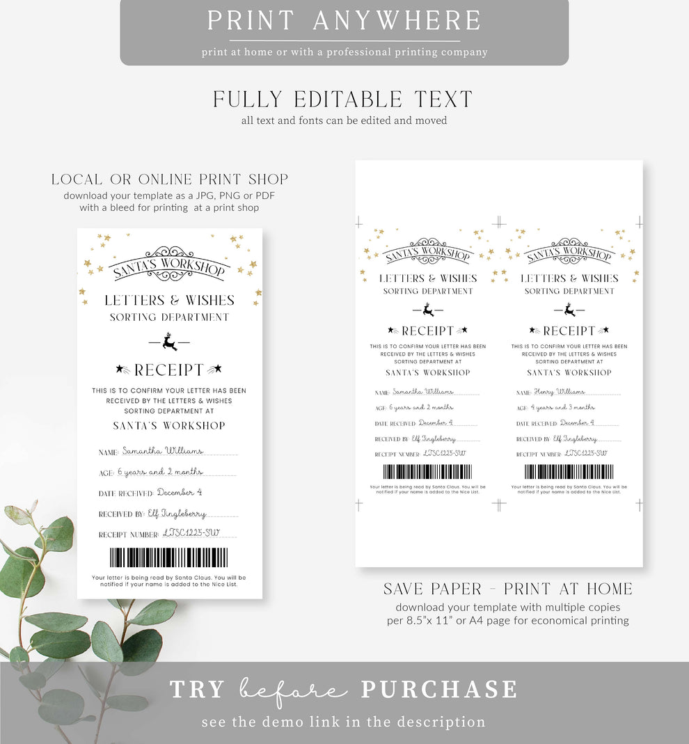 Santa's Workshop White | Printable Letter To Santa Receipt Template ...