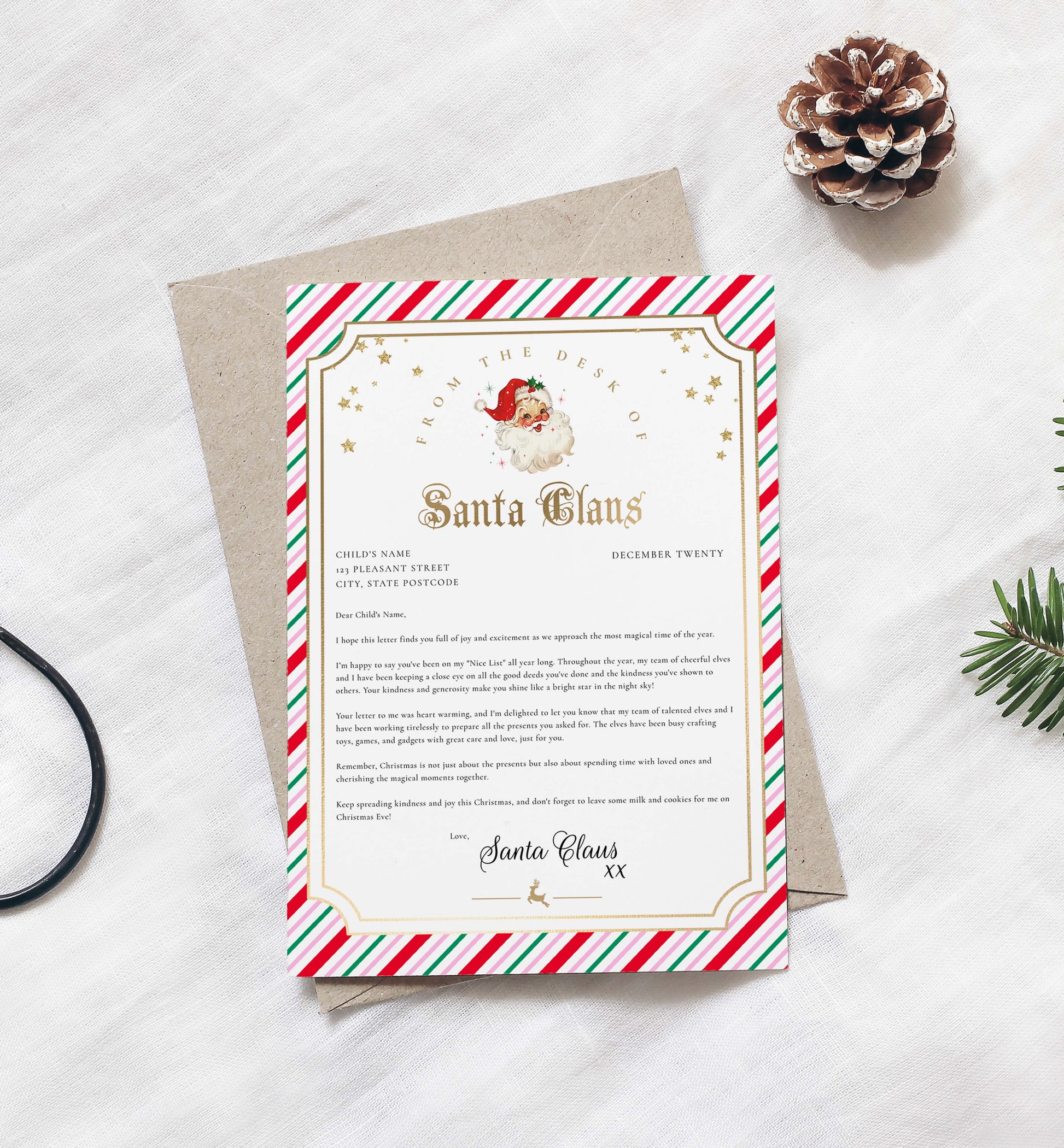 Printable Letter From Santa Template, Approved Nice List Member Letter From Santa Claus, Christmas Letter From Santa, Stripe Pink Multi