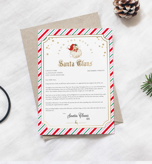 Printable Letter From Santa Template, Approved Nice List Member Letter From Santa Claus, Christmas Letter From Santa, Stripe Pink Multi