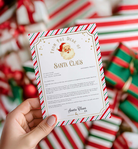 Letter from Santa Claus held by a hand with candy canes in the background. Printable Letter From Santa Template, Approved Nice List Member Letter From Santa Claus, Christmas Letter From Santa, Stripe