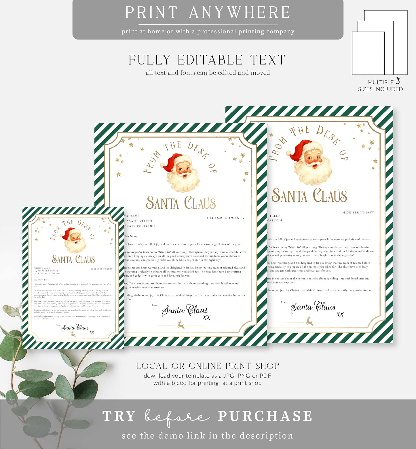 Stripe Green | Printable Christmas Letter From Santa Template