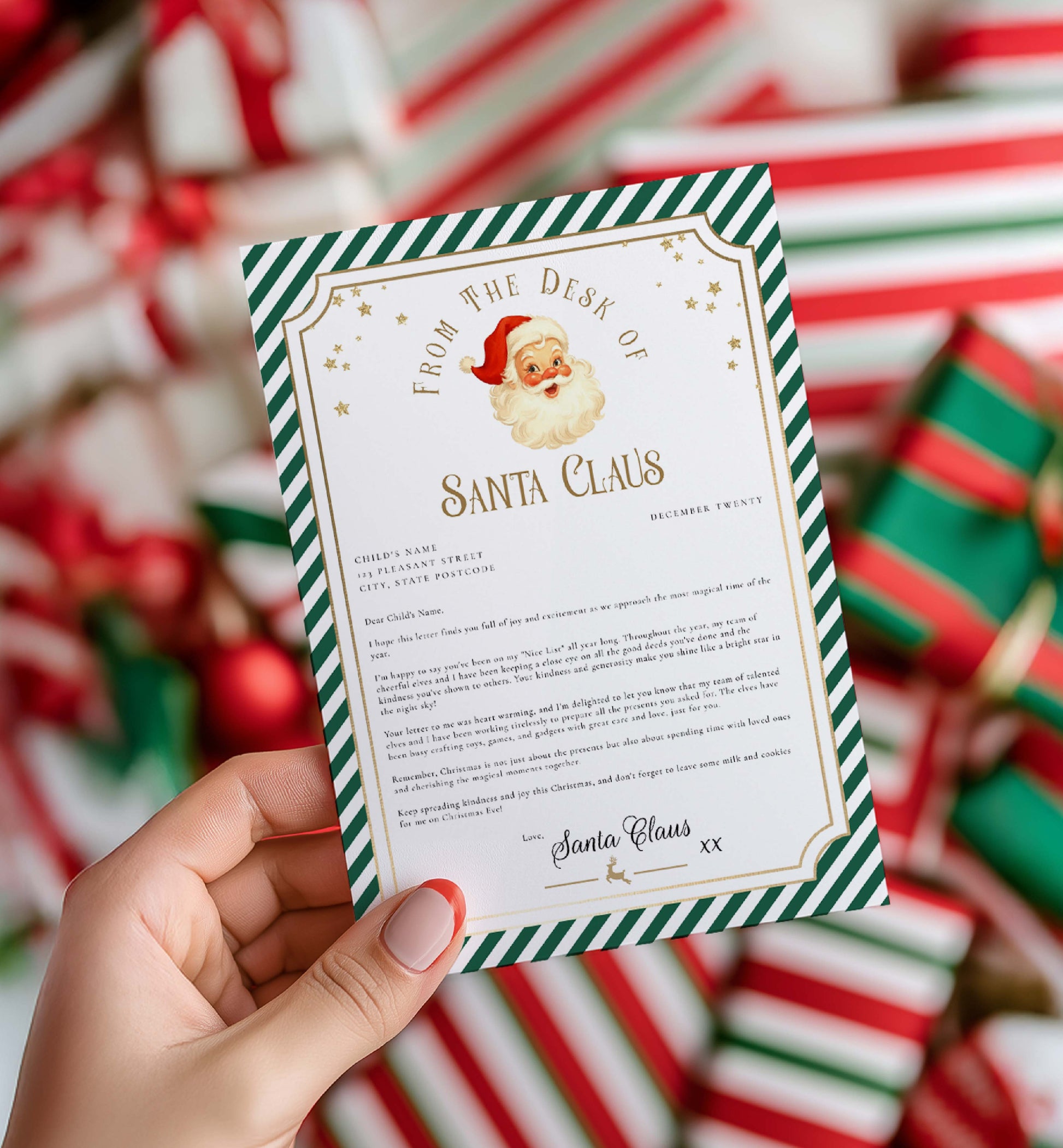Printable Letter From Santa Template, Approved Nice List Member Letter From Santa Claus, Christmas Letter From Santa, Stripe Green