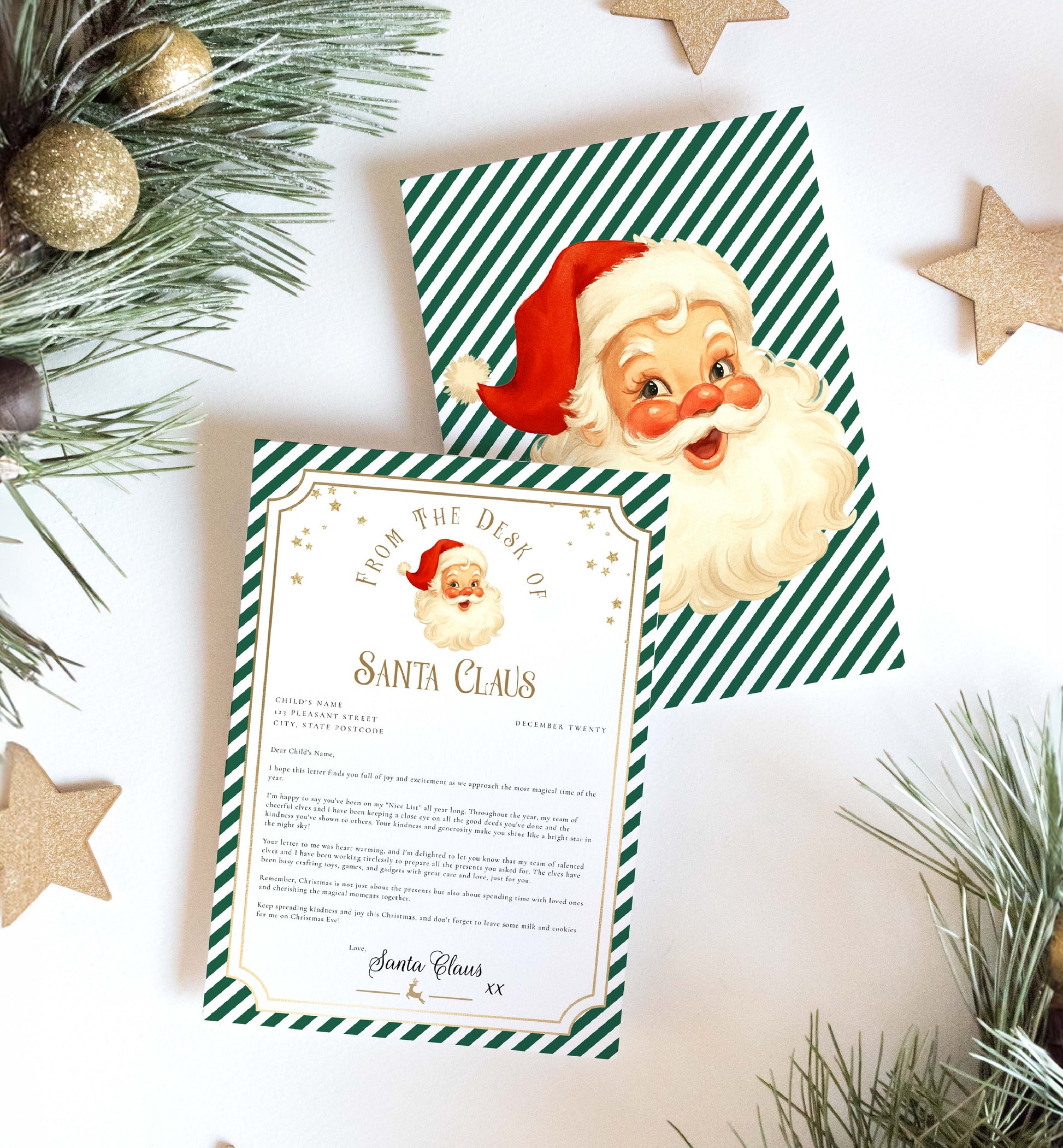 Letter from Santa Claus with green and white striped border on a white background with Christmas decorations. Printable Letter From Santa Template, Approved Nice List Member Letter From Santa Claus, Christmas Letter From Santa, Stripe Green