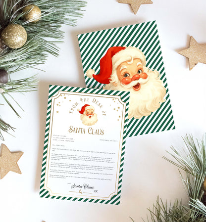 Letter from Santa Claus with green and white striped border on a white background with Christmas decorations. Printable Letter From Santa Template, Approved Nice List Member Letter From Santa Claus, Christmas Letter From Santa, Stripe Green
