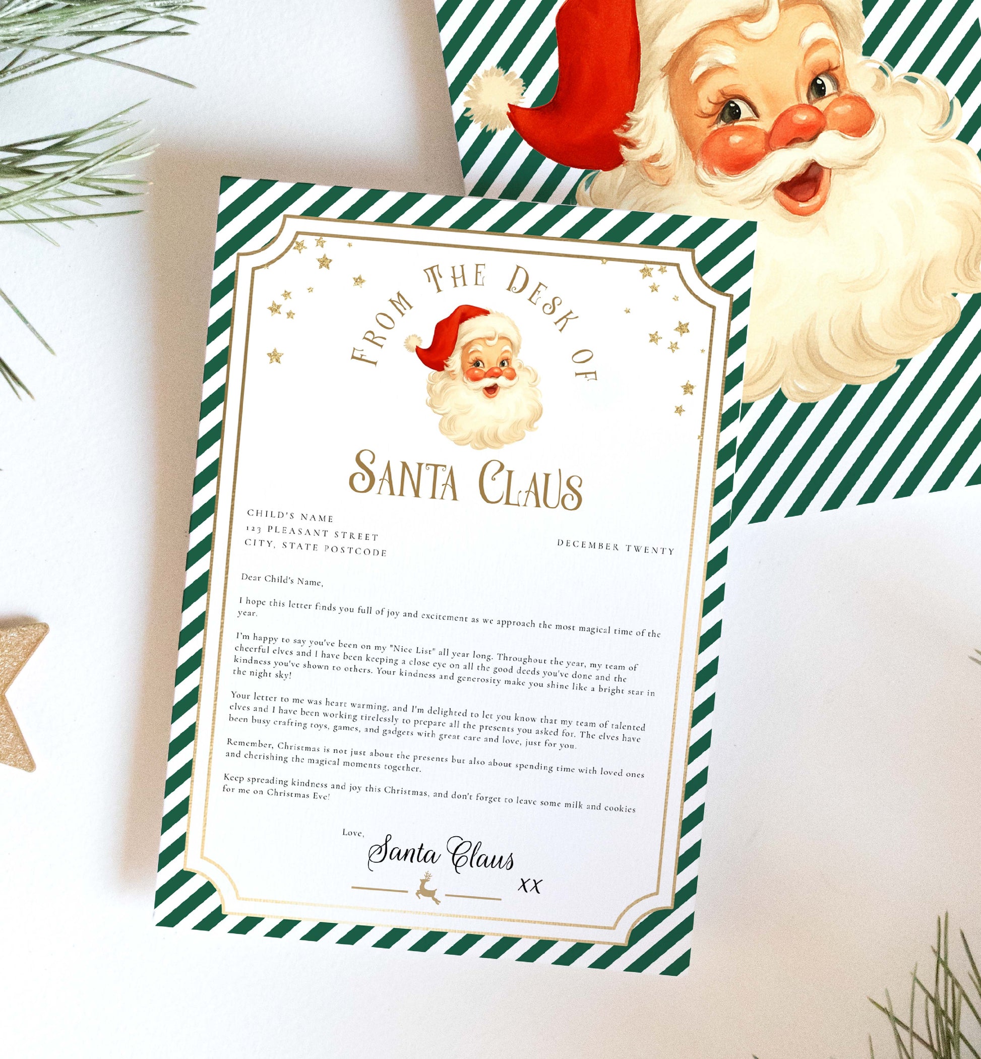 Letter from Santa Claus with a vintage-style illustration of Santa Claus on a green and white striped background. Printable Letter From Santa Template, Approved Nice List Member Letter From Santa Claus, Christmas Letter From Santa, Stripe Green