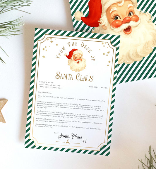 Letter from Santa Claus with a vintage-style illustration of Santa Claus on a green and white striped background. Printable Letter From Santa Template, Approved Nice List Member Letter From Santa Claus, Christmas Letter From Santa, Stripe Green