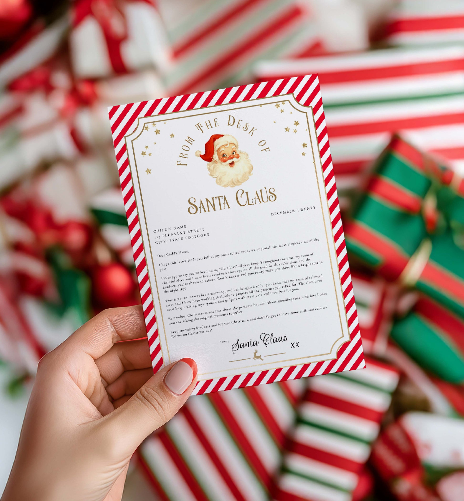 Letter from Santa Claus held by a hand with Christmas-themed background. Printable Letter From Santa Template, Approved Nice List Member Letter From Santa Claus, Christmas Letter From Santa, Stripe Red